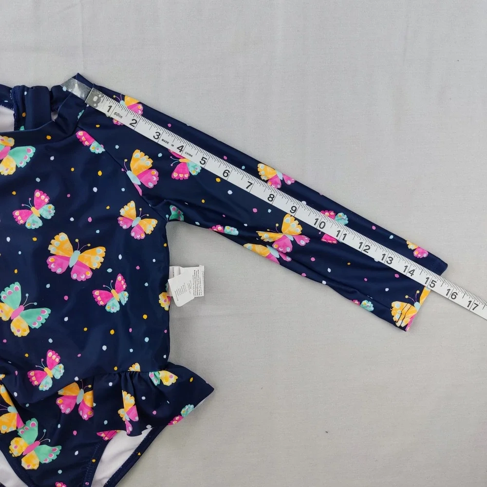 Bonverano Swimsuit Girls 5Y Navy Butterfly Long Sleeve Rash Guard Ruffle 1-Piece